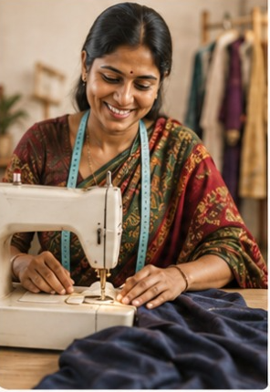 Tailor stitching garments in her home workshop